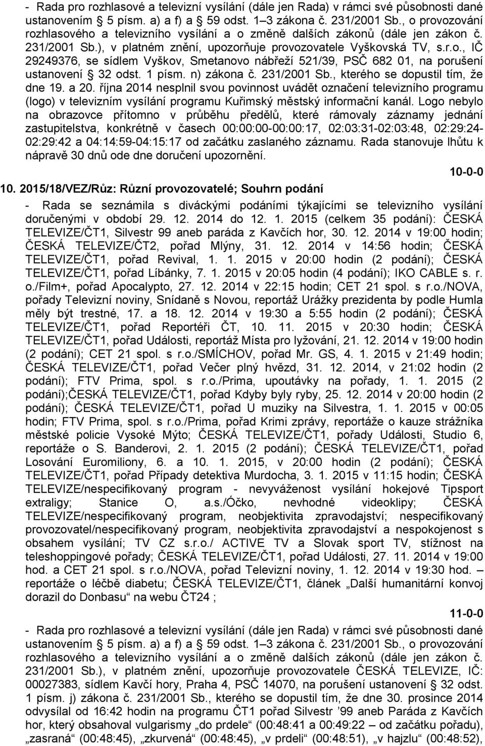 října 2014 nesplnil svou povinnost uvádět označení televizního programu (logo) v televizním vysílání programu Kuřimský městský informační kanál.