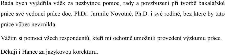 . Jarmile Novotné, Ph.D. i své rodině, bez které by tato práce vůbec nevznikla.