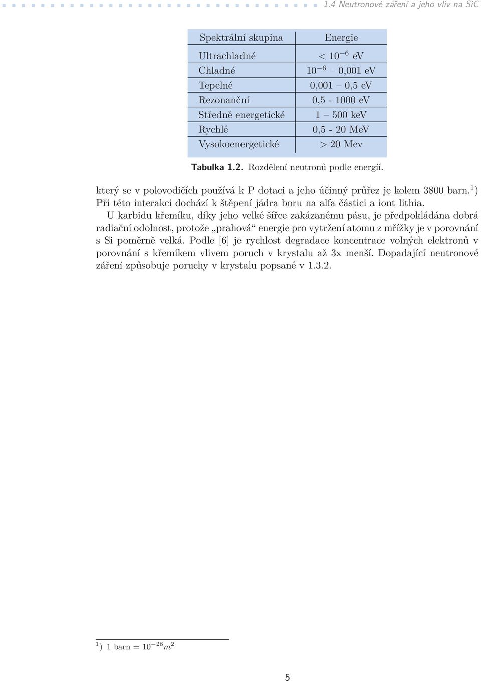 1 500 kev 0,5-20 MeV > 20 Mev Tabulka 1.2. Rozdělení neutronů podle energíí. který se v polovodičích používá k P dotaci a jeho účinný průřez je kolem 3800 barn.