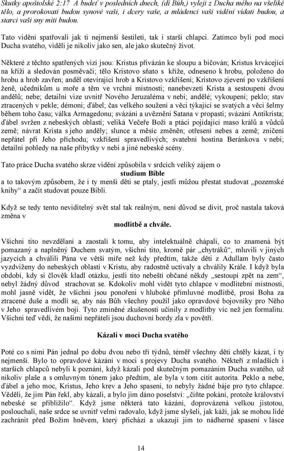 Některé z těchto spatřených vizí jsou: Kristus přivázán ke sloupu a bičován; Kristus krvácející na kříži a sledován posměvači; tělo Kristovo sňato s kříže, odneseno k hrobu, položeno do hrobu a hrob