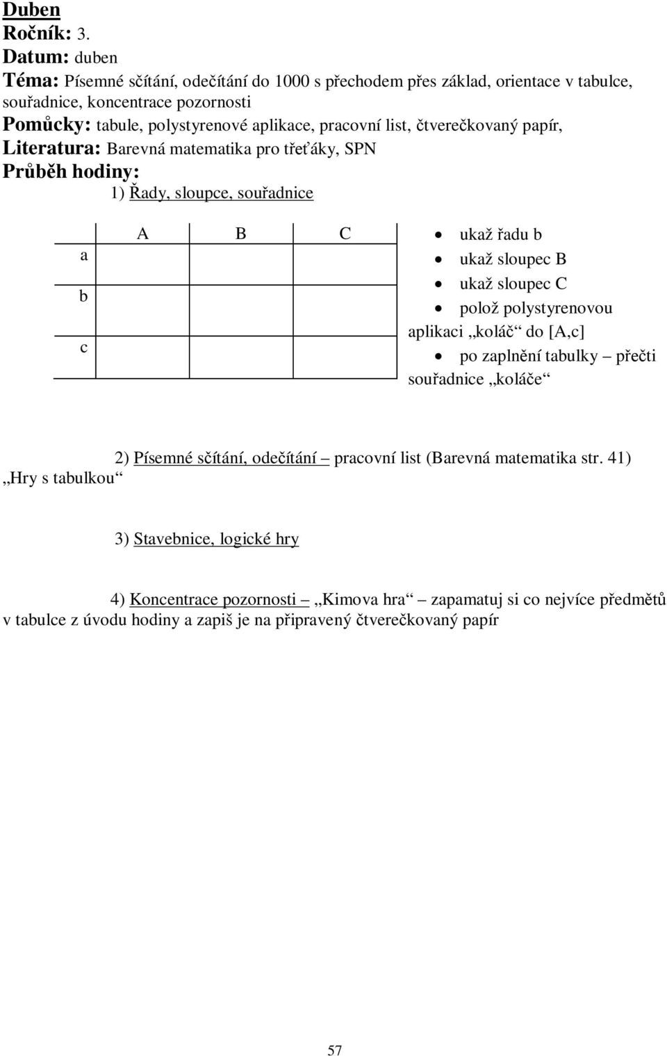 ukaž sloupec C polož polystyrenovou aplikaci kolá do [A,c] po zapln ní tabulky p ti sou adnice kolá e 2) Písemné s ítání, ode ítání pracovní list (Barevná matematika str.