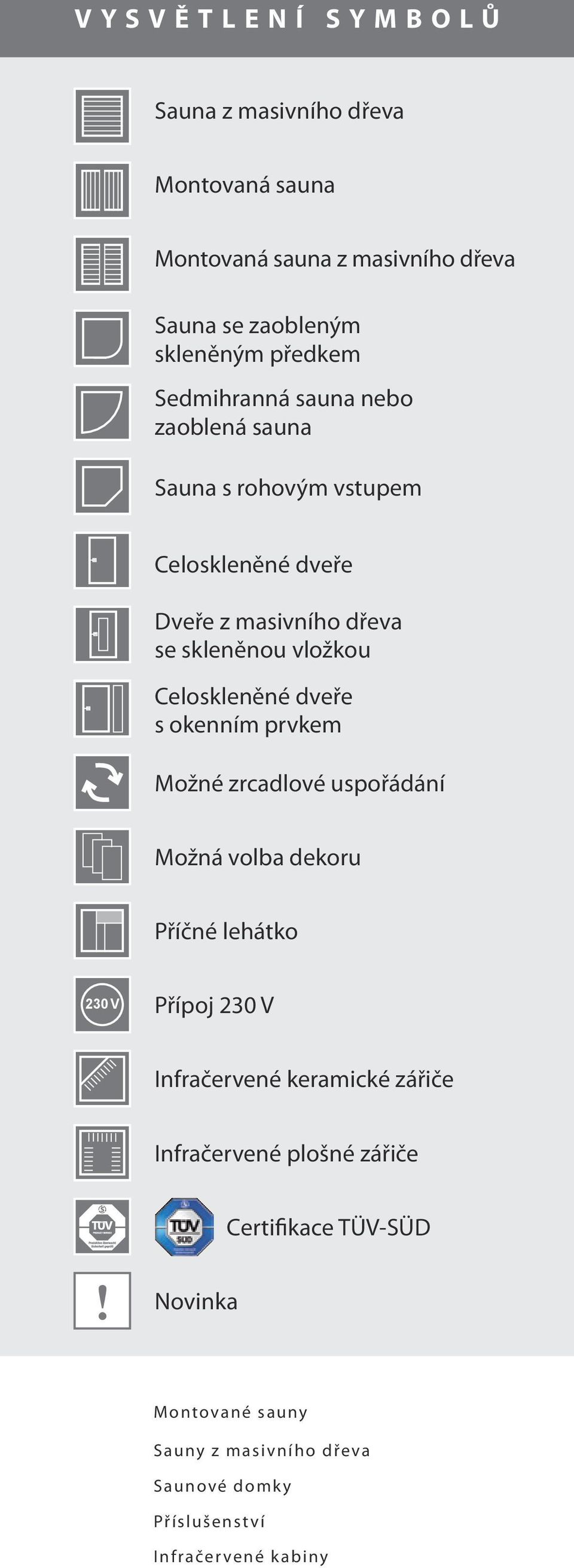 Celoskleněné dveře s okenním prvkem Možné zrcadlové uspořádání Možná volba dekoru Příčné lehátko 230 Přípoj 230 Infračervené keramické