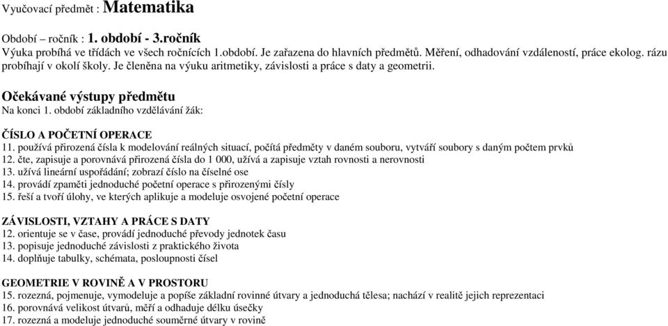 období základního vzdělávání žák: ČÍSLO A POČETNÍ OPERACE 11. používá přirozená čísla k modelování reálných situací, počítá předměty v daném souboru, vytváří soubory s daným počtem prvků 12.