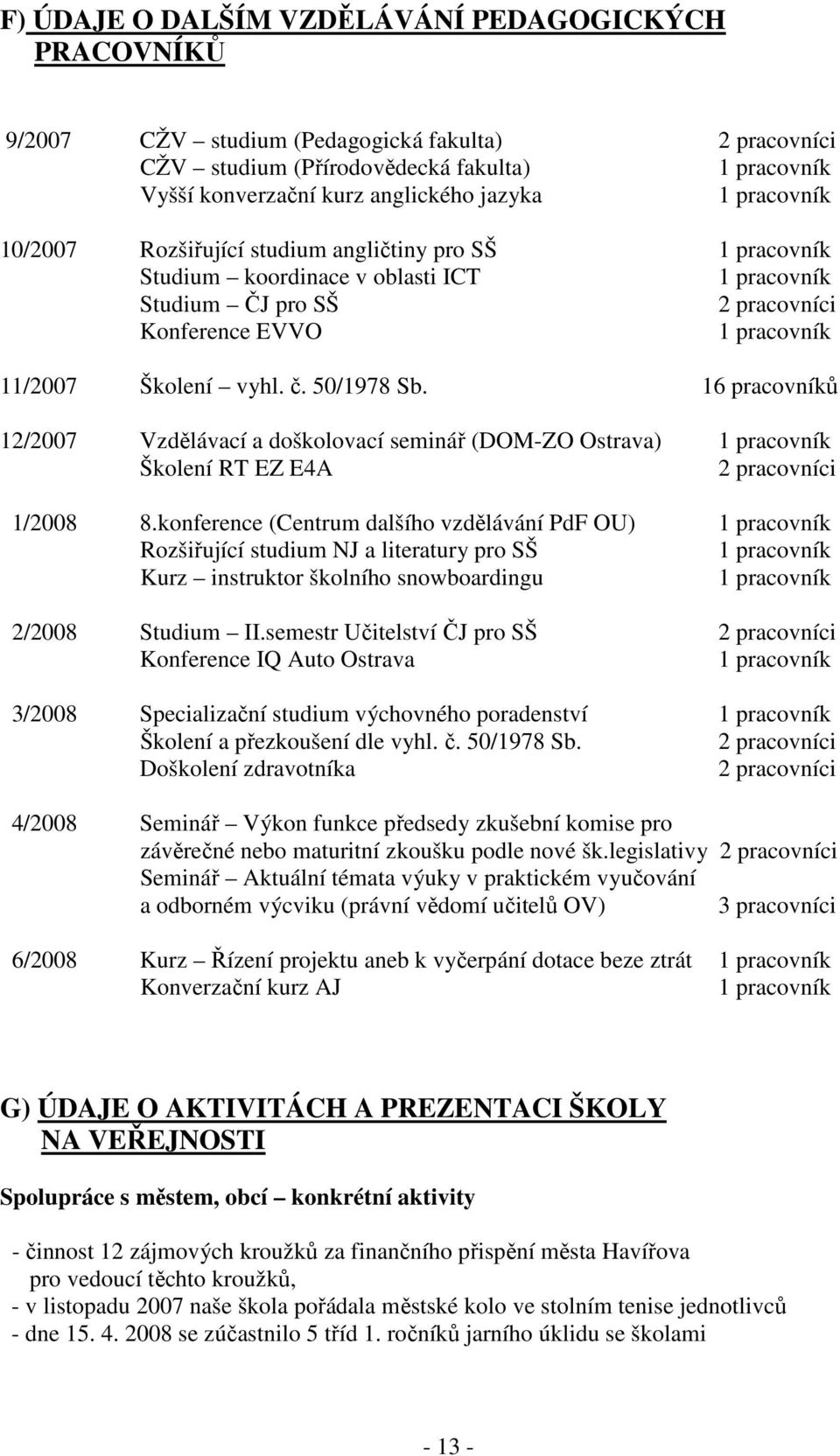 50/1978 Sb. 16 pracovníků 12/2007 Vzdělávací a doškolovací seminář (DOM-ZO Ostrava) 1 pracovník Školení RT EZ E4A 2 pracovníci 1/2008 8.