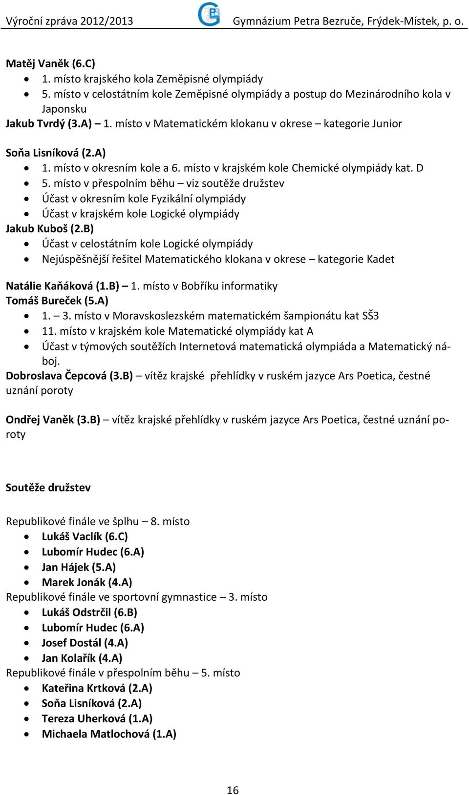 místo v přespolním běhu viz soutěže družstev Účast v okresním kole Fyzikální olympiády Účast v krajském kole Logické olympiády Jakub Kuboš (2.