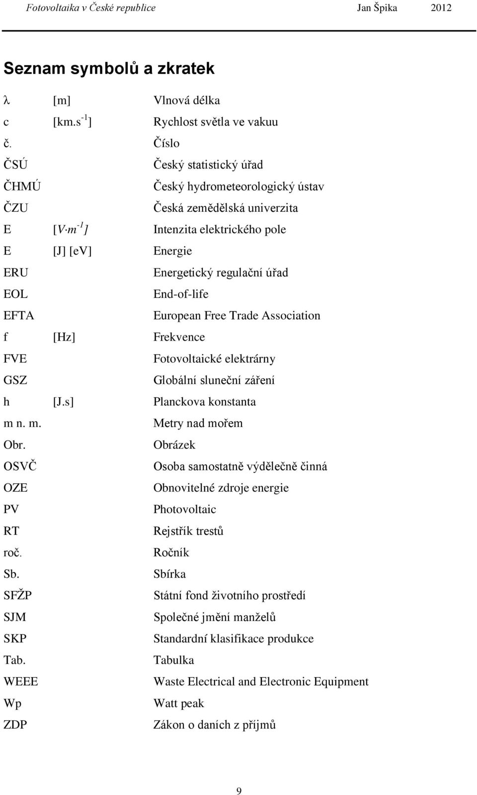 End-of-life EFTA European Free Trade Association f [Hz] Frekvence FVE Fotovoltaické elektrárny GSZ Globální sluneční záření h [J.s] Planckova konstanta m n. m. Metry nad mořem Obr.