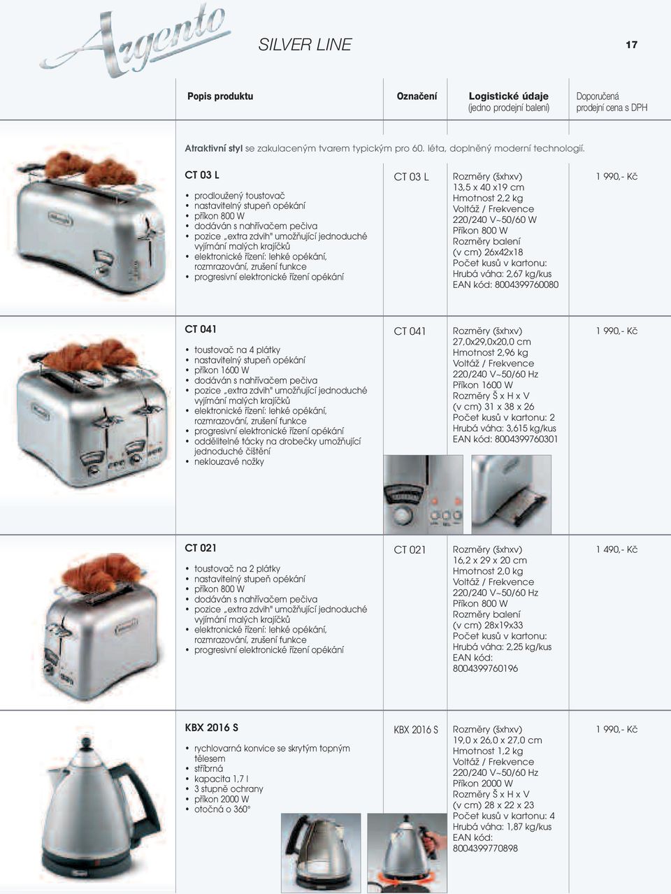 opékání, rozmrazování, zrušení funkce progresivní elektronické řízení opékání CT 03 L 13,5 x 40 x19 cm Hmotnost 2,2 kg 220/240 V~50/60 W Příkon 800 W (v cm) 26x42x18 Počet kusů v kartonu: Hrubá váha: