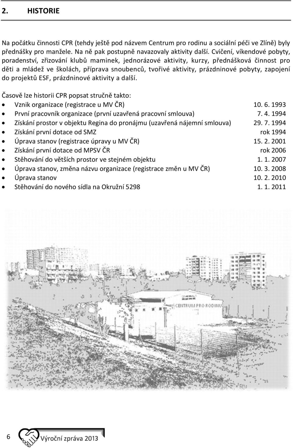 pobyty, zapojení do projektů ESF, prázdninové aktivity a další. Časově lze historii CPR popsat stručně takto: Vznik organizace (registrace u MV ČR) 10. 6.