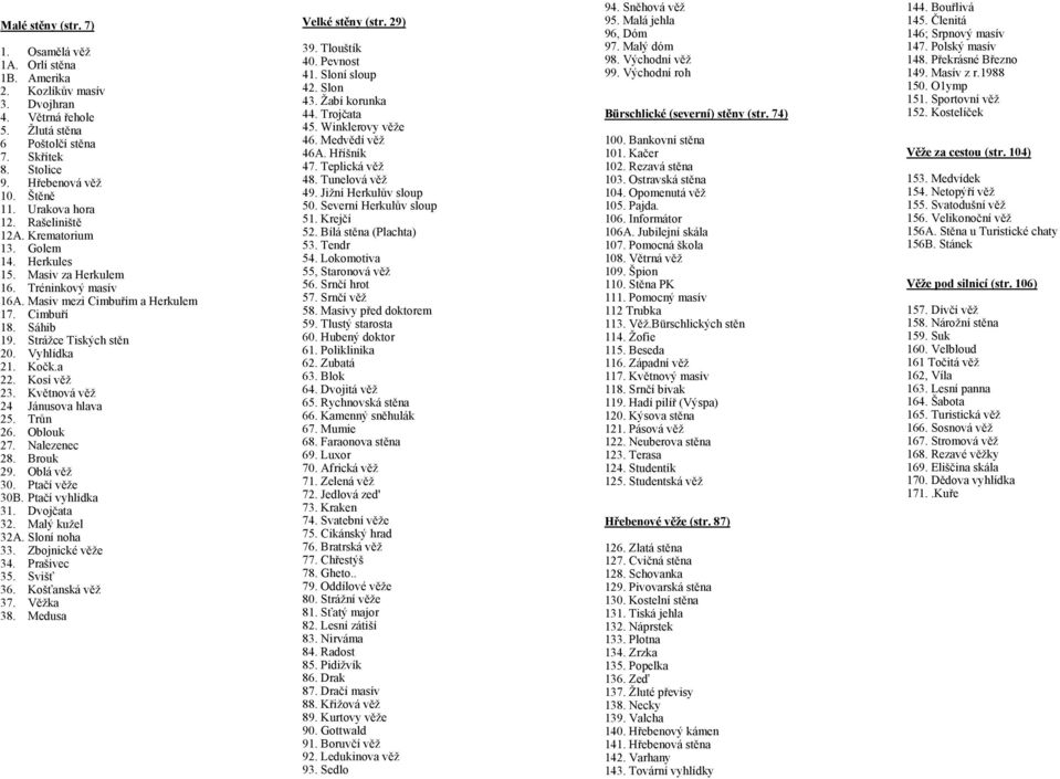 Vyhlídka 21. Kočk.a 22. Kosí věž 23. Květnová věž 24 Jánusova hlava 25. Trůn 26. Oblouk 27. Nalezenec 28. Brouk 29. Oblá věž 30. Ptačí věže 30B. Ptačí vyhlídka 31. Dvojčata 32. Malý kužel 32A.