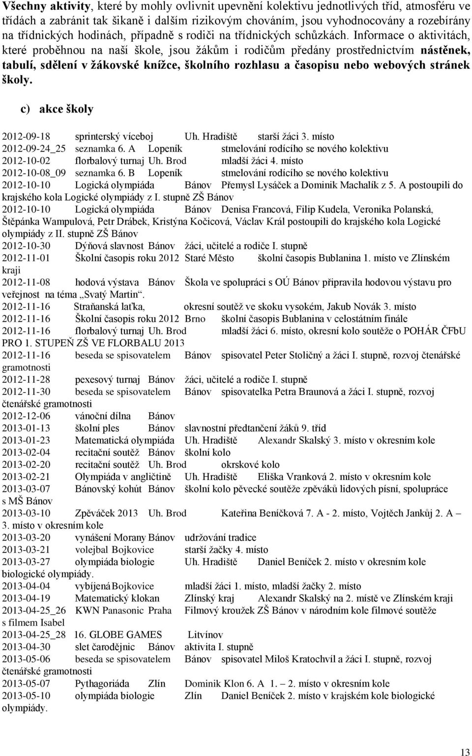 Informace o aktivitách, které proběhnou na naší škole, jsou žákům i rodičům předány prostřednictvím nástěnek, tabulí, sdělení v žákovské knížce, školního rozhlasu a časopisu nebo webových stránek