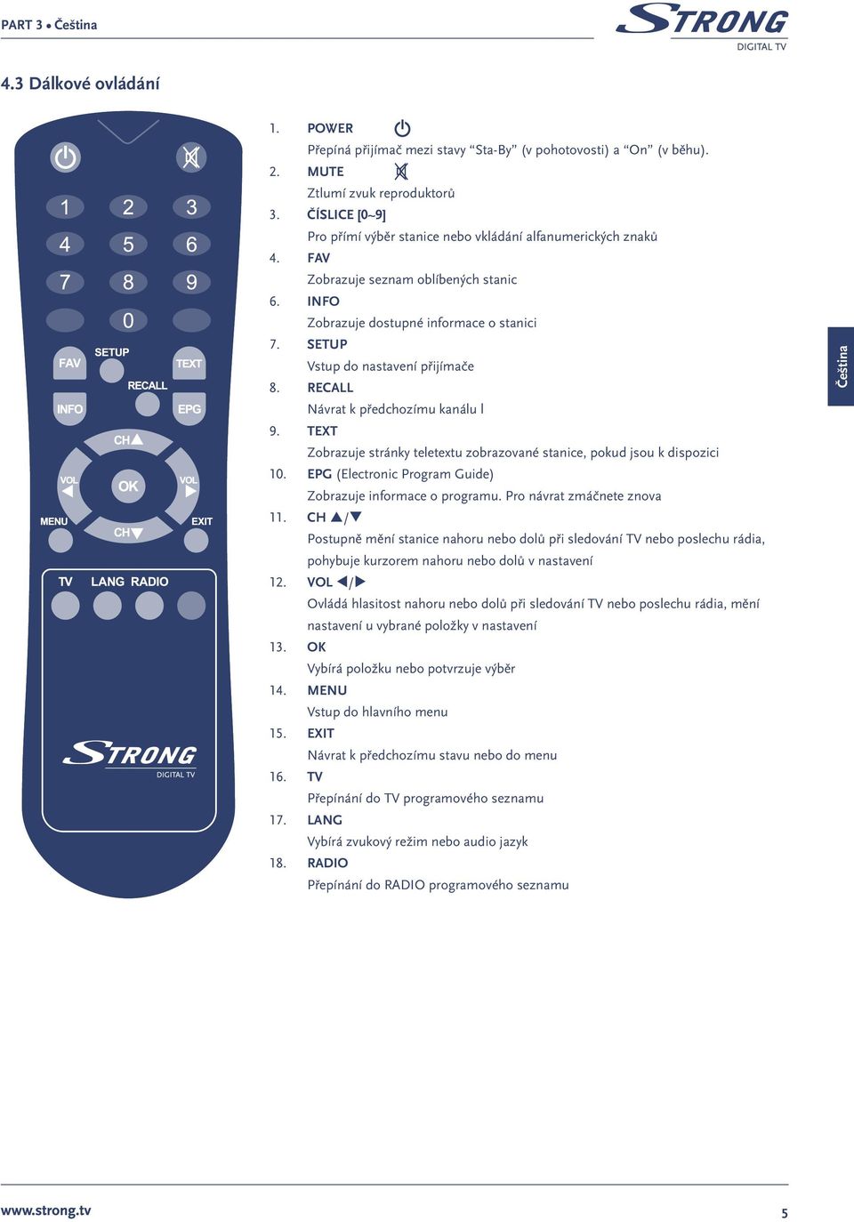 SETUP Vstup do nastavení přijímače 8. RECALL Návrat k předchozímu kanálu l 9. TEXT Zobrazuje stránky teletextu zobrazované stanice, pokud jsou k dispozici 10.