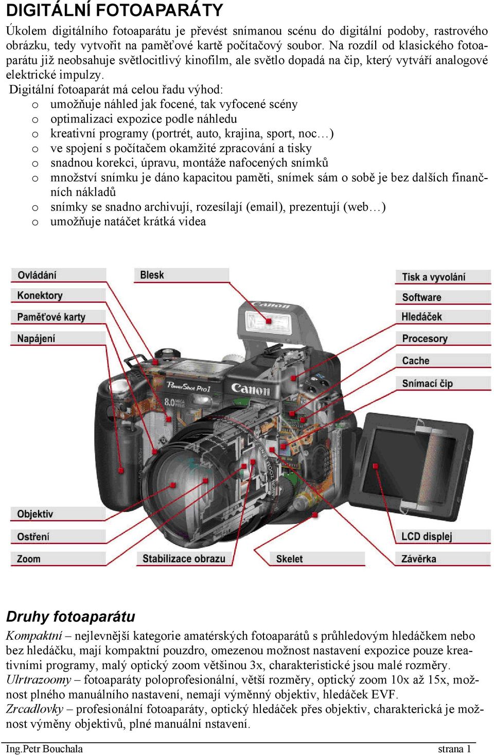 Digitální fotoaparát má celou řadu výhod: o umožňuje náhled jak focené, tak vyfocené scény o optimalizaci expozice podle náhledu o kreativní programy (portrét, auto, krajina, sport, noc ) o ve