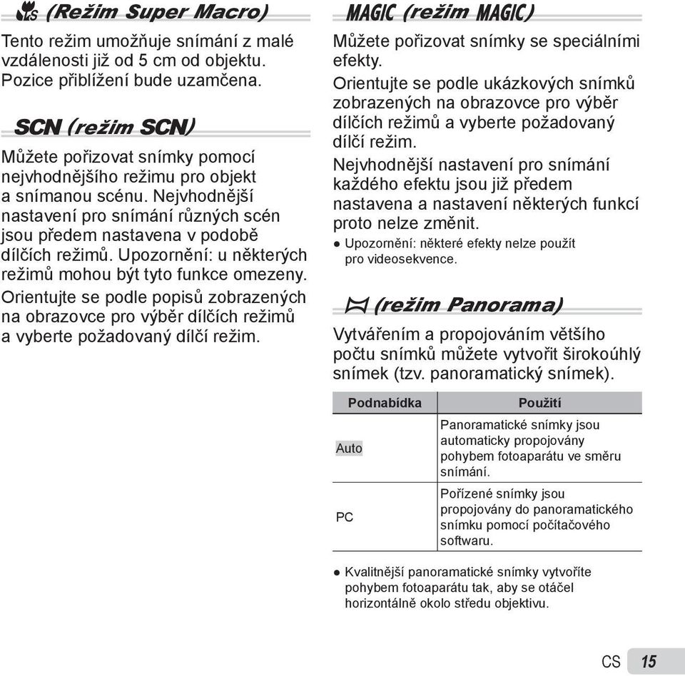 Upozornění: u některých režimů mohou být tyto funkce omezeny. Orientujte se podle popisů zobrazených na obrazovce pro výběr dílčích režimů a vyberte požadovaný dílčí režim.