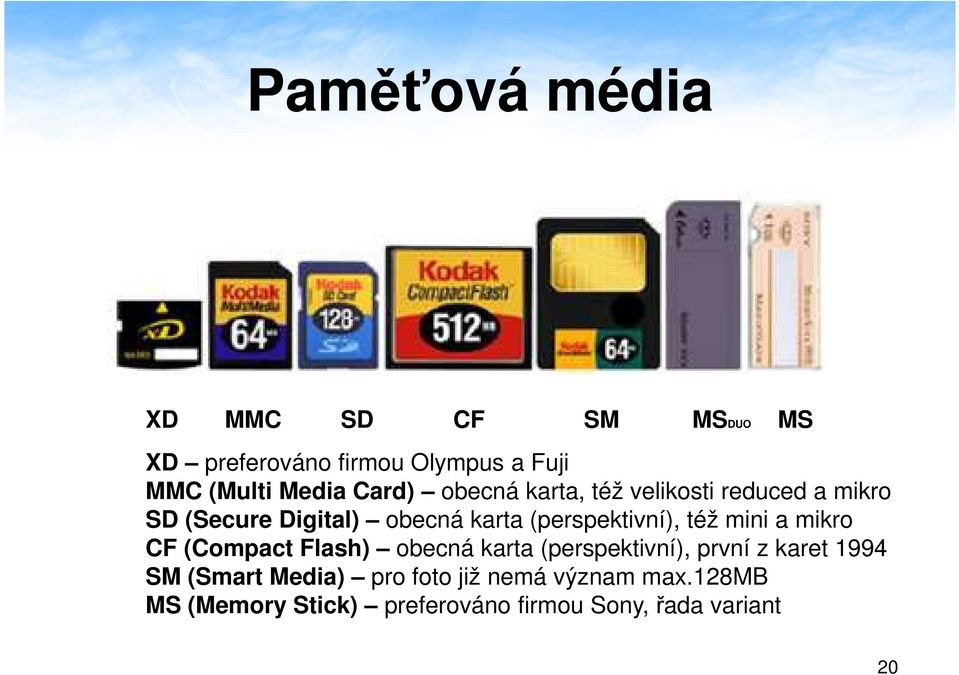 mini a mikro CF (Compact Flash) obecná karta (perspektivní), první z karet 1994 SM (Smart Media)