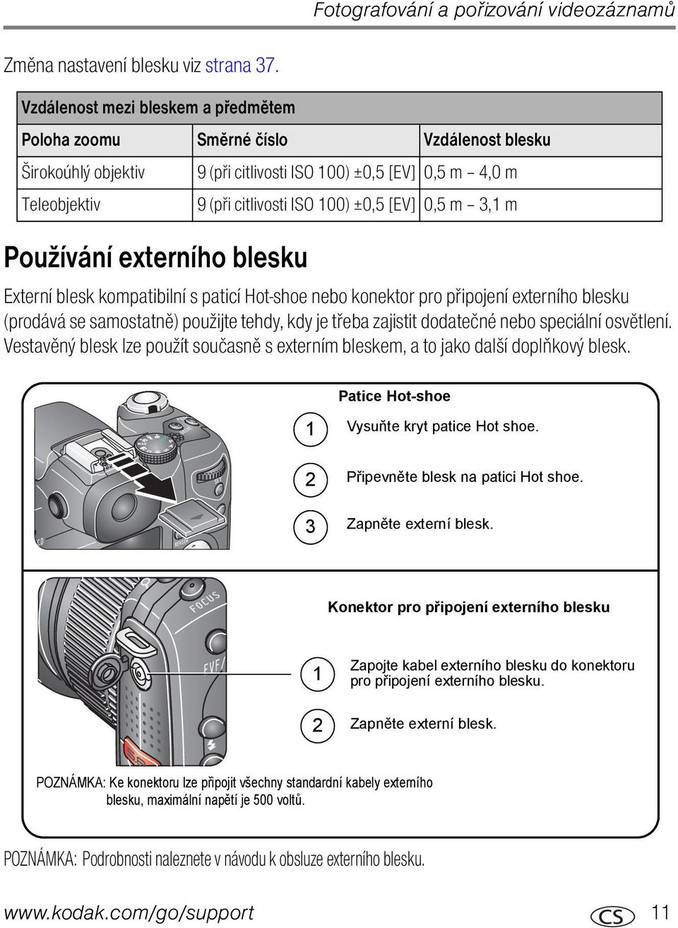 0,5 m 3,1 m Používání externího blesku Externí blesk kompatibilní s paticí Hot-shoe nebo konektor pro připojení externího blesku (prodává se samostatně) použijte tehdy, kdy je třeba zajistit