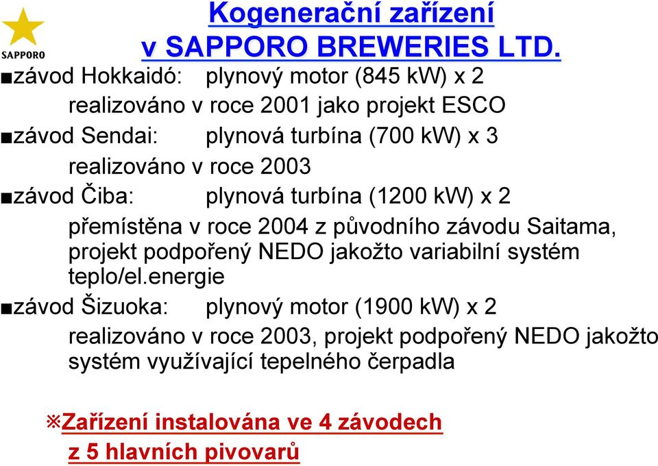 realizováno v roce 2003 závod Čiba: plynová turbína (1200 kw) x 2 přemístěna v roce 2004 z původního závodu Saitama, projekt podpořený