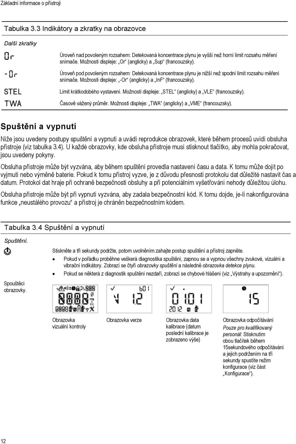 Možnosti displeje: -Or (anglicky) a InF (francouzsky). Limit krátkodobého vystavení. Možnosti displeje: STEL (anglicky) a VLE (francouzsky). Časově vážený průměr.