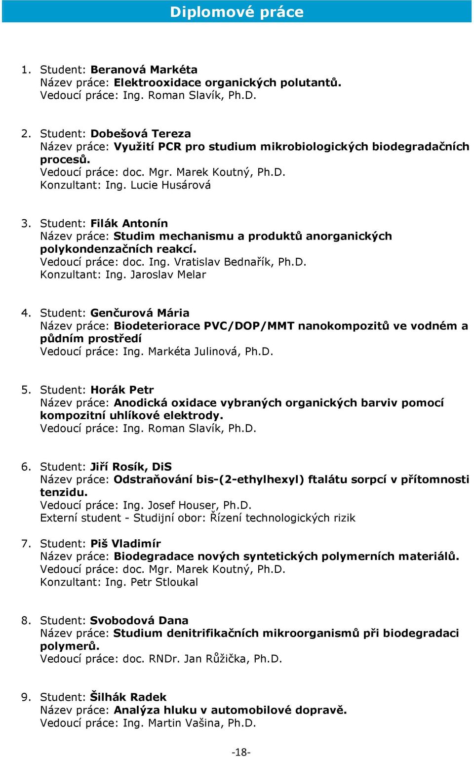 Student: Filák Antnín Název práce: Studim mechanismu a prduktů anrganických plykndenzačních reakcí. Veducí práce: dc. Ing. Vratislav Bednařík, Ph.D. Knzultant: Ing. Jarslav Melar 4.