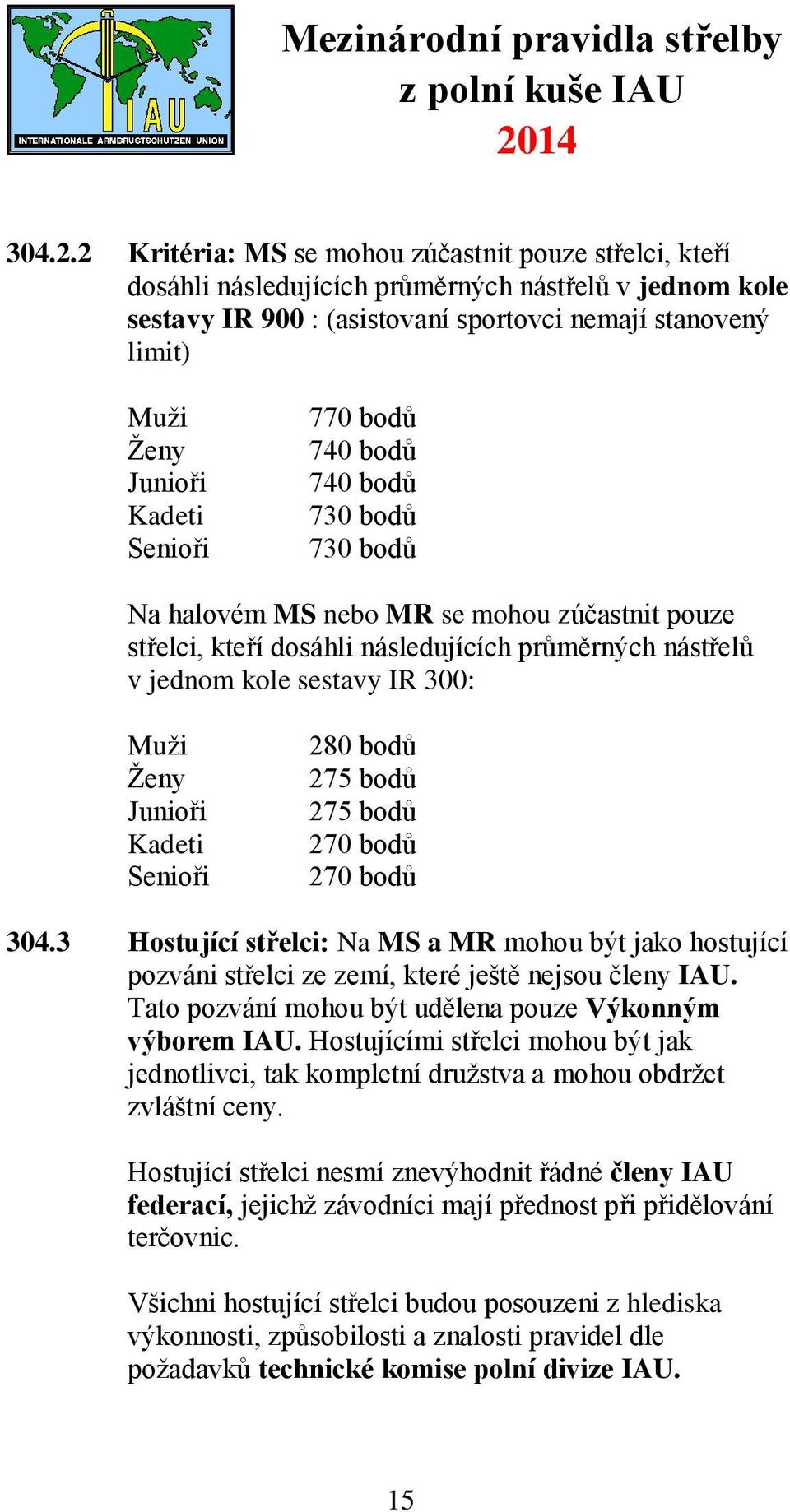 Senioři 770 bodů 740 bodů 740 bodů 730 bodů 730 bodů Na halovém MS nebo MR se mohou zúčastnit pouze střelci, kteří dosáhli následujících průměrných nástřelů v jednom kole sestavy IR 300: Muži Ženy