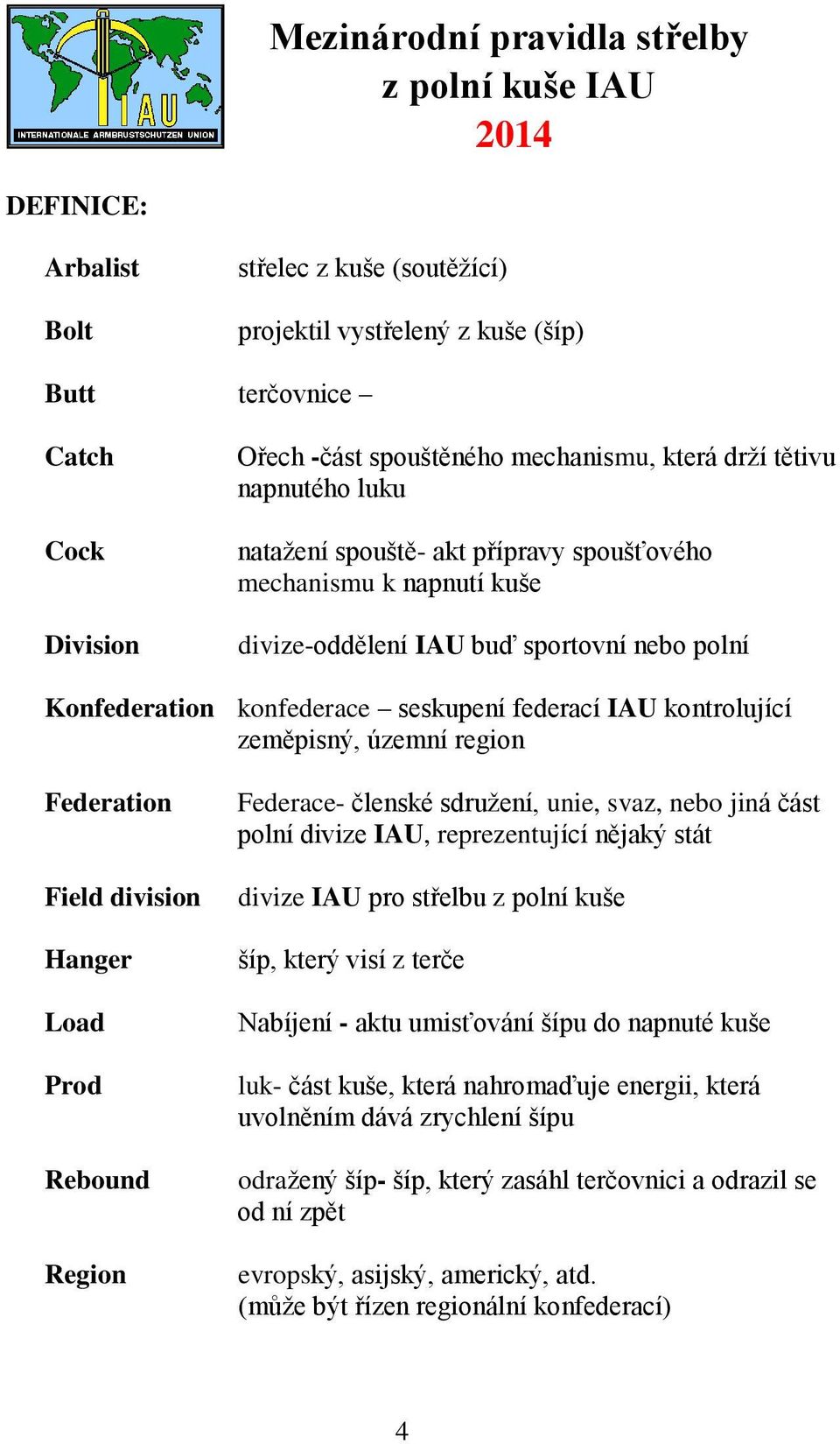 Federation Field division Hanger Load Prod Rebound Region Federace- členské sdružení, unie, svaz, nebo jiná část polní divize IAU, reprezentující nějaký stát divize IAU pro střelbu z polní kuše šíp,