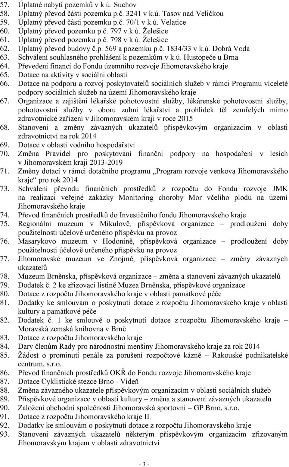 Převedení financí do Fondu územního rozvoje Jihomoravského kraje 65. Dotace na aktivity v sociální oblasti 66.