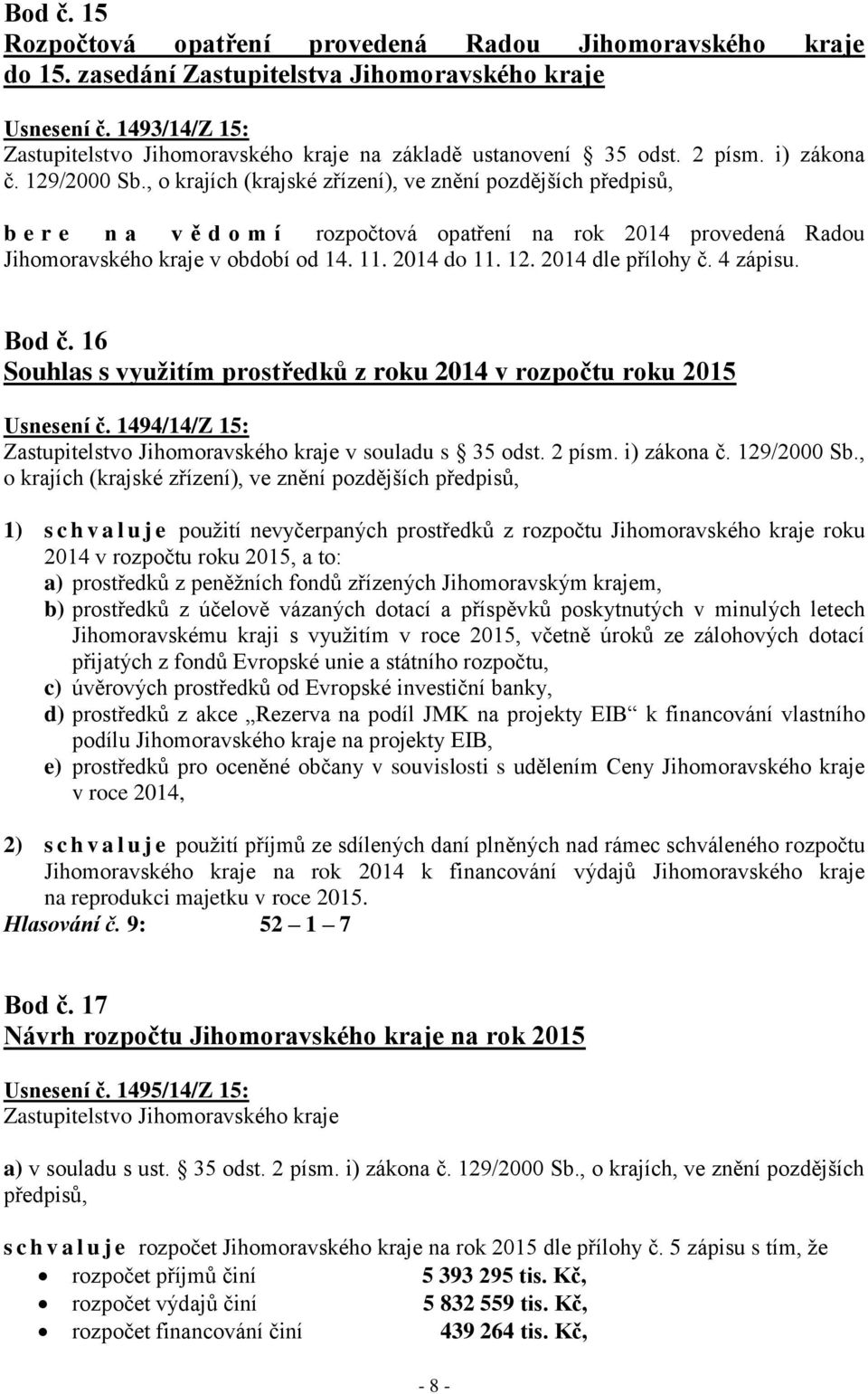 i) zákona b e r e n a v ě d o m í rozpočtová opatření na rok 2014 provedená Radou Jihomoravského kraje v období od 14. 11. 2014 do 11. 12. 2014 dle přílohy č. 4 zápisu. Bod č.