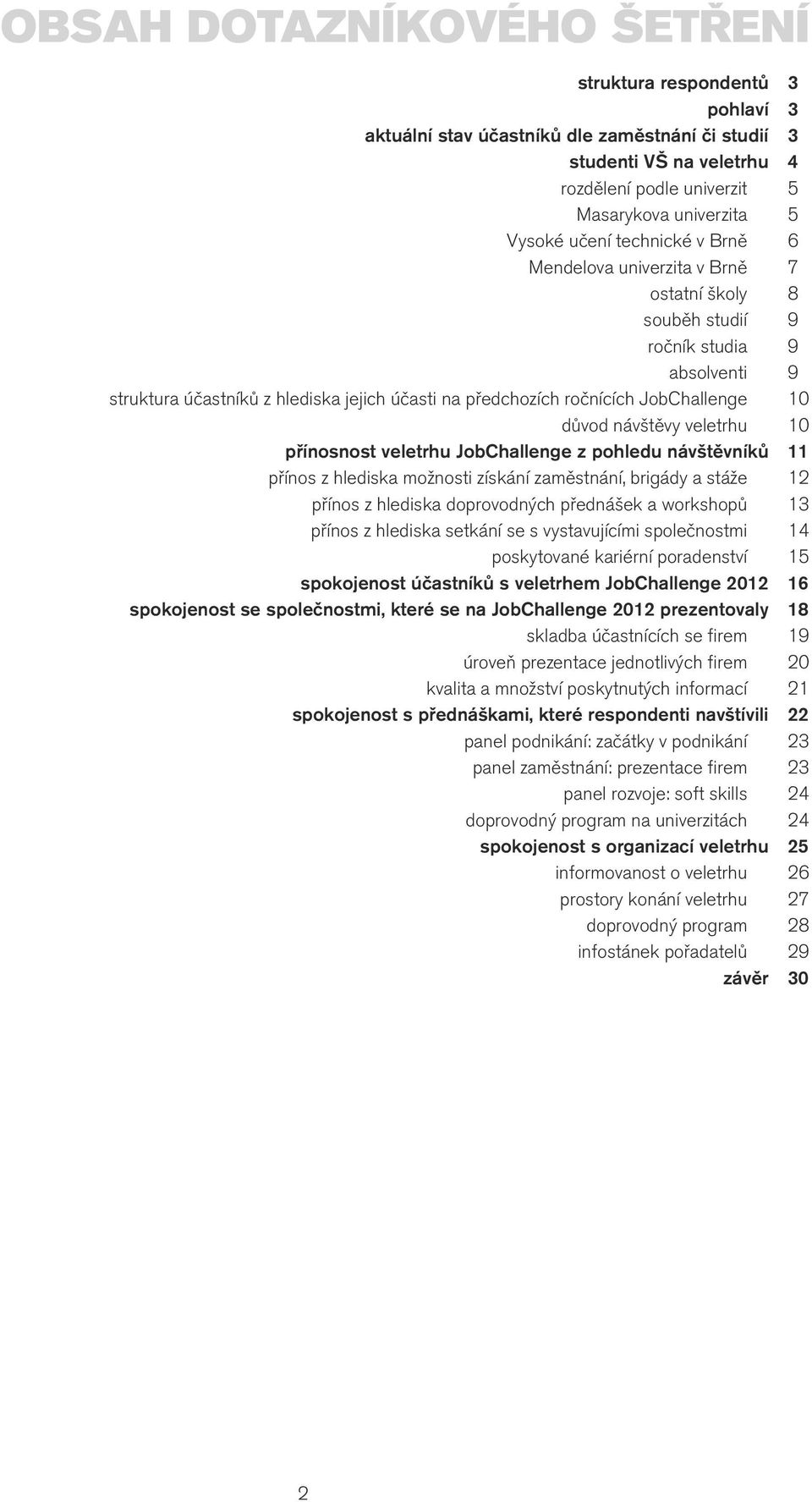 veletrhu přínosnost veletrhu JobChallenge z pohledu návštěvníků přínos z hlediska možnosti získání zaměstnání, brigády a stáže přínos z hlediska doprovodných přednášek a workshopů přínos z hlediska