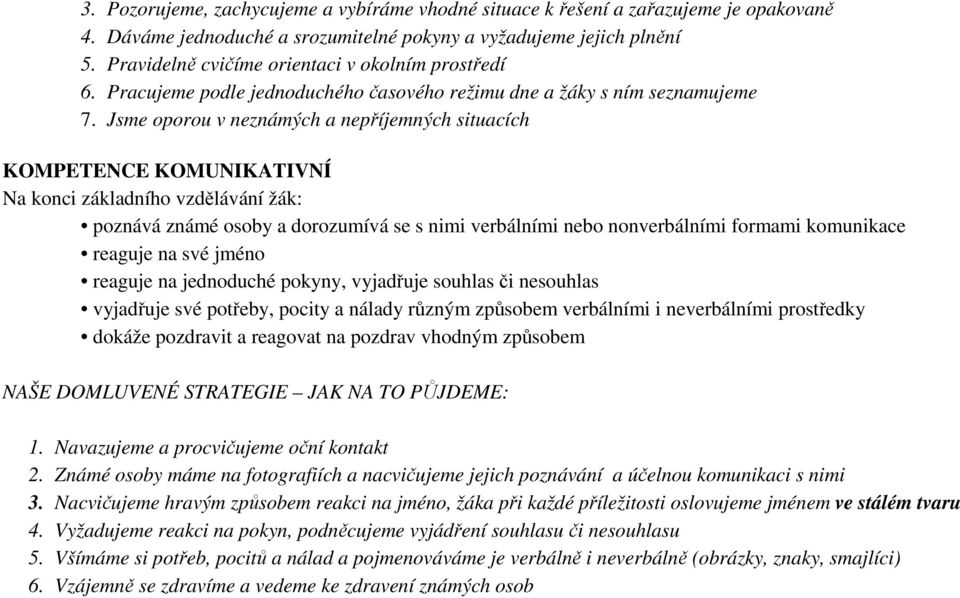 Jsme oporou v neznámých a nepříjemných situacích KOMPETENCE KOMUNIKATIVNÍ Na konci základního vzdělávání žák: poznává známé osoby a dorozumívá se s nimi verbálními nebo nonverbálními formami