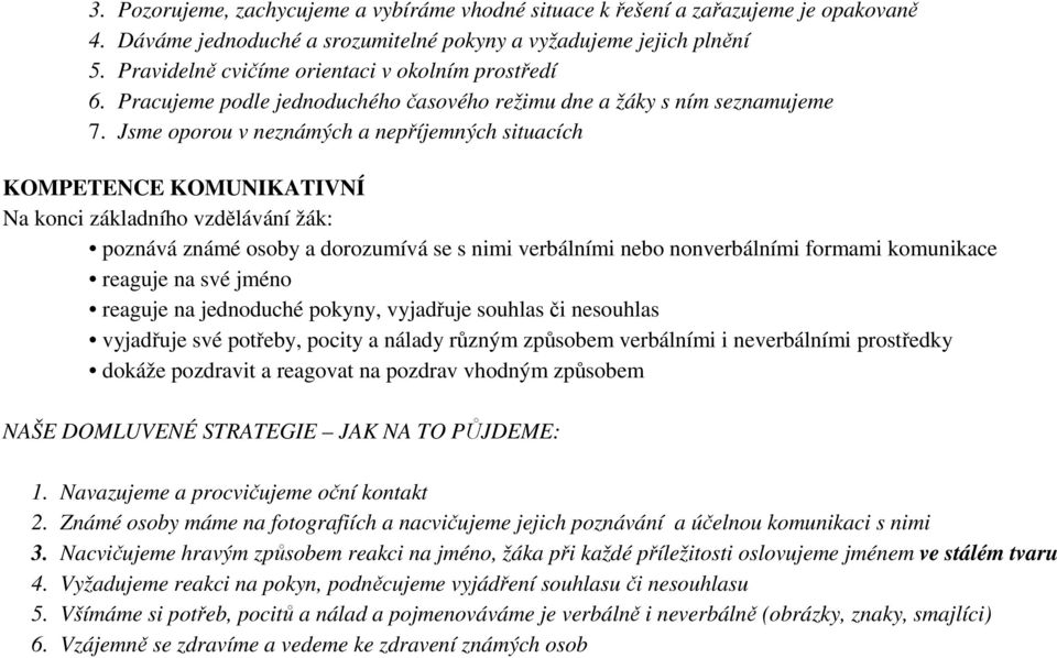 Jsme oporou v neznámých a nepříjemných situacích KOMPETENCE KOMUNIKATIVNÍ Na konci základního vzdělávání žák: poznává známé osoby a dorozumívá se s nimi verbálními nebo nonverbálními formami