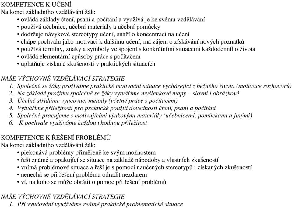 každodenního života ovládá elementární způsoby práce s počítačem uplatňuje získané zkušenosti v praktických situacích NAŠE VÝCHOVNĚ VZDĚLÁVACÍ STRATEGIE 1.