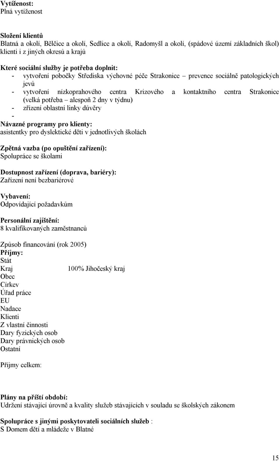 potřeba alespoň 2 dny v týdnu) - zřízení oblastní linky důvěry - Návazné programy pro klienty: asistentky pro dyslektické děti v jednotlivých školách Zpětná vazba (po opuštění zařízení): Spolupráce