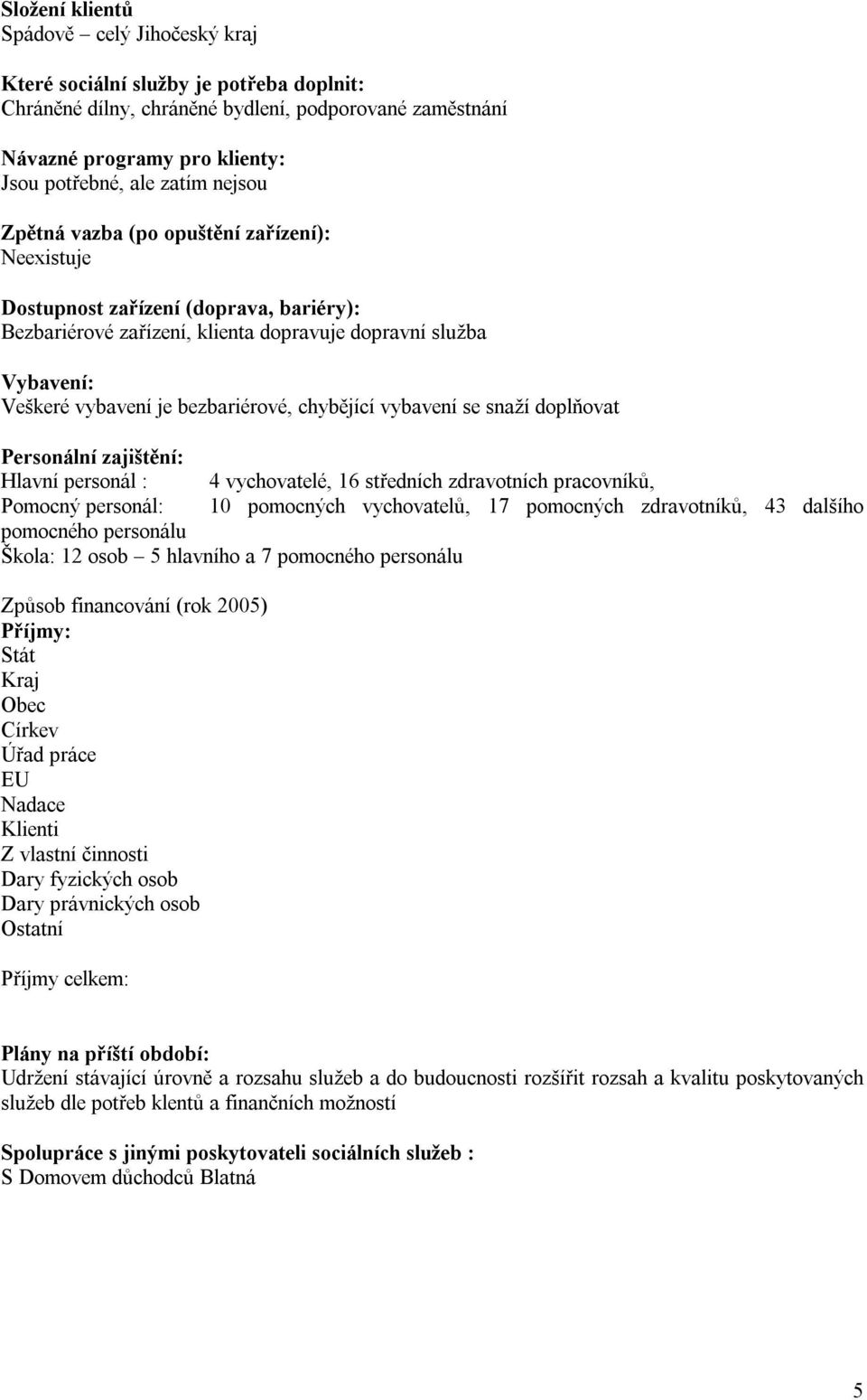 chybějící vybavení se snaží doplňovat Personální zajištění: Hlavní personál : 4 vychovatelé, 16 středních zdravotních pracovníků, Pomocný personál: 10 pomocných vychovatelů, 17 pomocných zdravotníků,