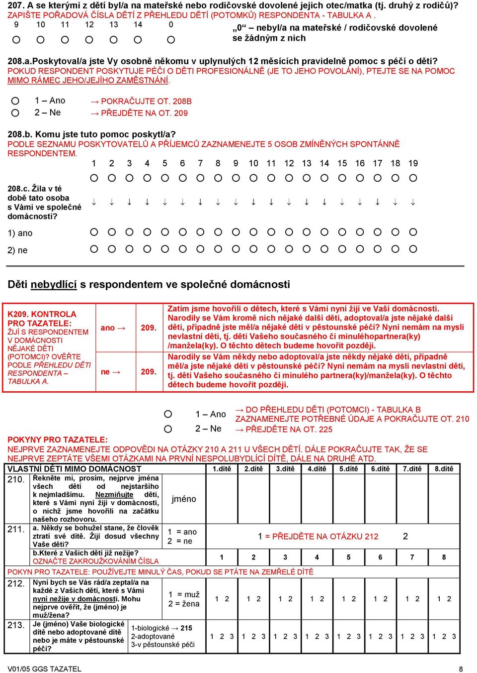 POKUD RESPONDENT POSKYTUJE PÉČI O DĚTI PROFESIONÁLNĚ (JE TO JEHO POVOLÁNÍ), PTEJTE SE NA POMOC MIMO RÁMEC JEHO/JEJÍHO ZAMĚSTNÁNÍ. 1 Ano POKRAČUJTE OT. 208B 2 Ne PŘEJDĚTE NA OT. 209 208.b.