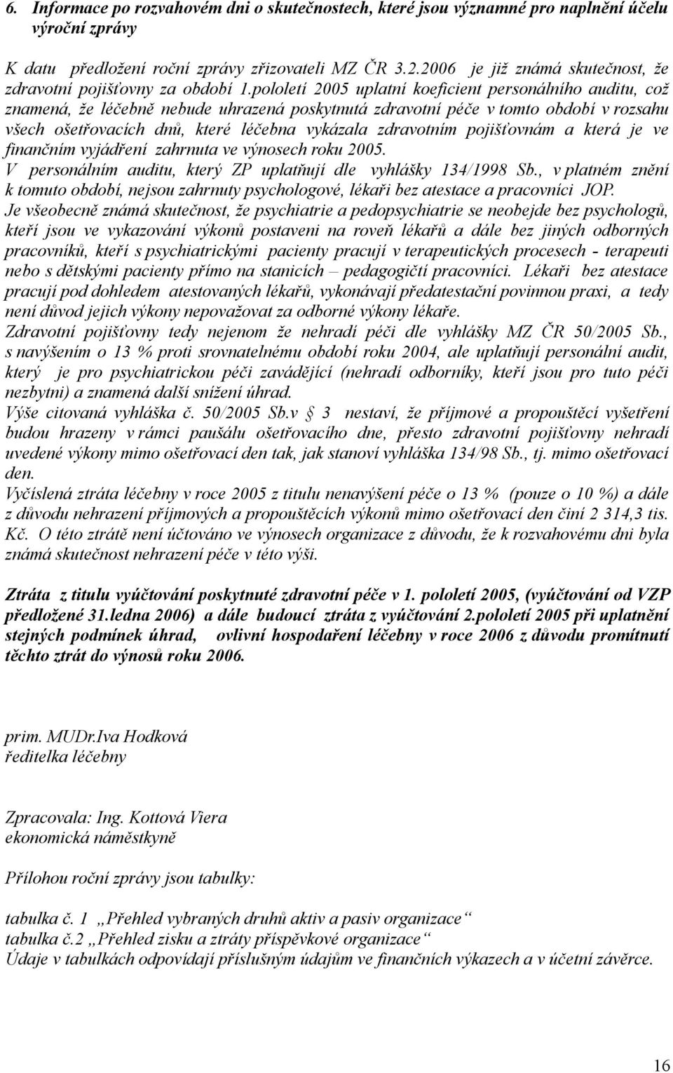 pololetí 2005 uplatní koeficient personálního auditu, což znamená, že léčebně nebude uhrazená poskytnutá zdravotní péče v tomto období v rozsahu všech ošetřovacích dnů, které léčebna vykázala