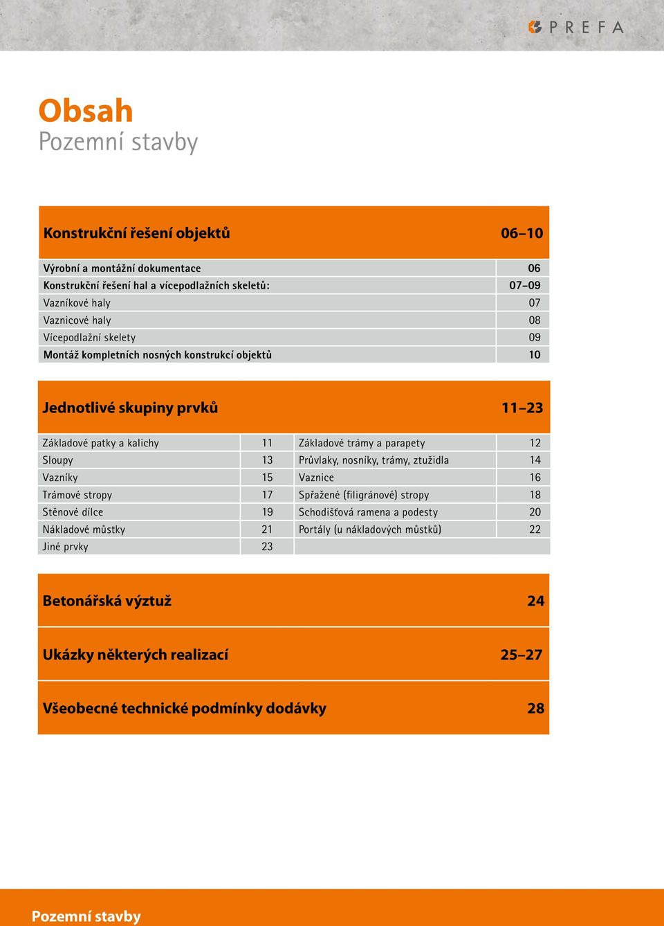 Sloupy 13 Průvlaky, nosníky, trámy, ztužidla 14 Vazníky 15 Vaznice 16 Trámové stropy 17 Spřažené (filigránové) stropy 18 Stěnové dílce 19 Schodišťová ramena a