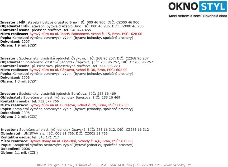 (CZK) Investor : Společenství vlastníků jednotek Čápkova, IČ: 268 96 257, DIČ: CZ268 96 257 Objednatel : Společenství vlastníků jednotek Čápkova, IČ: 268 96 257, DIČ: CZ268 96 257 Kontaktní osoba: pí.
