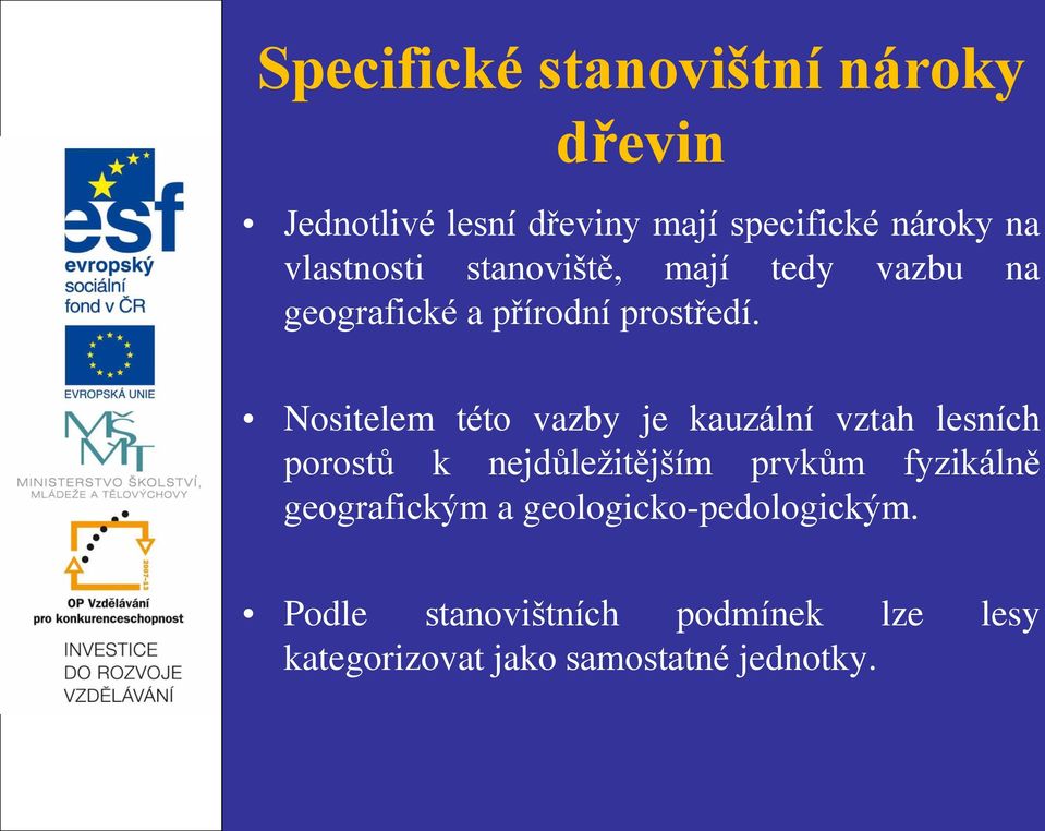 Nositelem této vazby je kauzální vztah lesních porostů k nejdůležitějším prvkům fyzikálně