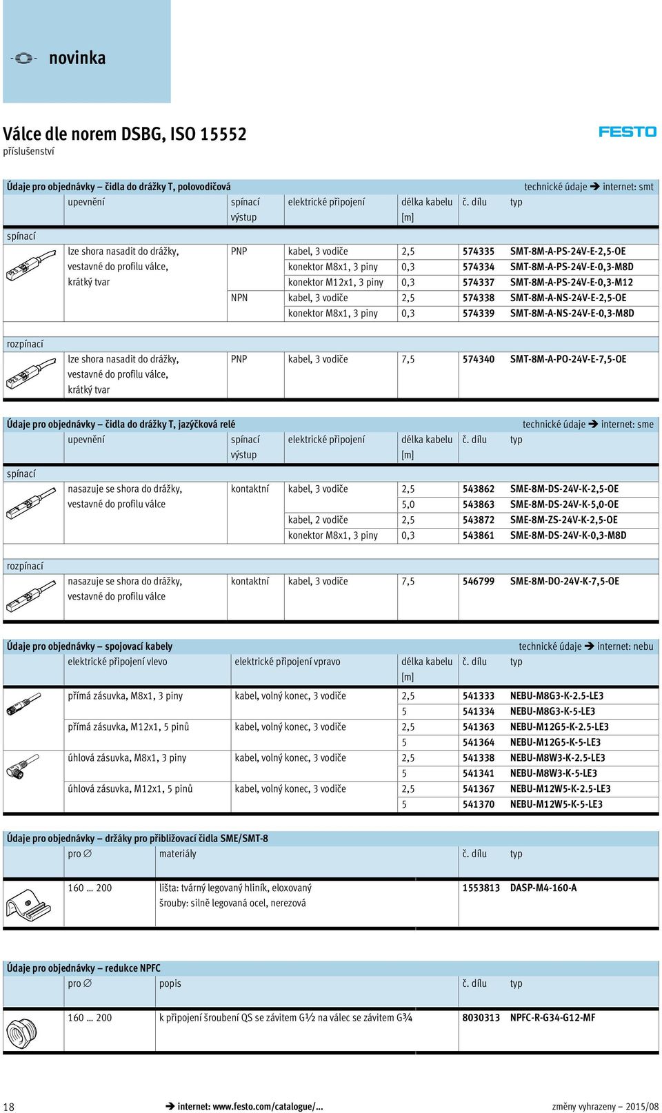 0,3 574334 SMT-8M-A-PS-24V-E-0,3-M8D konektor M12x1, 3 piny 0,3 574337 SMT-8M-A-PS-24V-E-0,3-M12 NPN kabel, 3 vodiče 2,5 574338 SMT-8M-A-NS-24V-E-2,5-OE konektor M8x1, 3 piny 0,3 574339