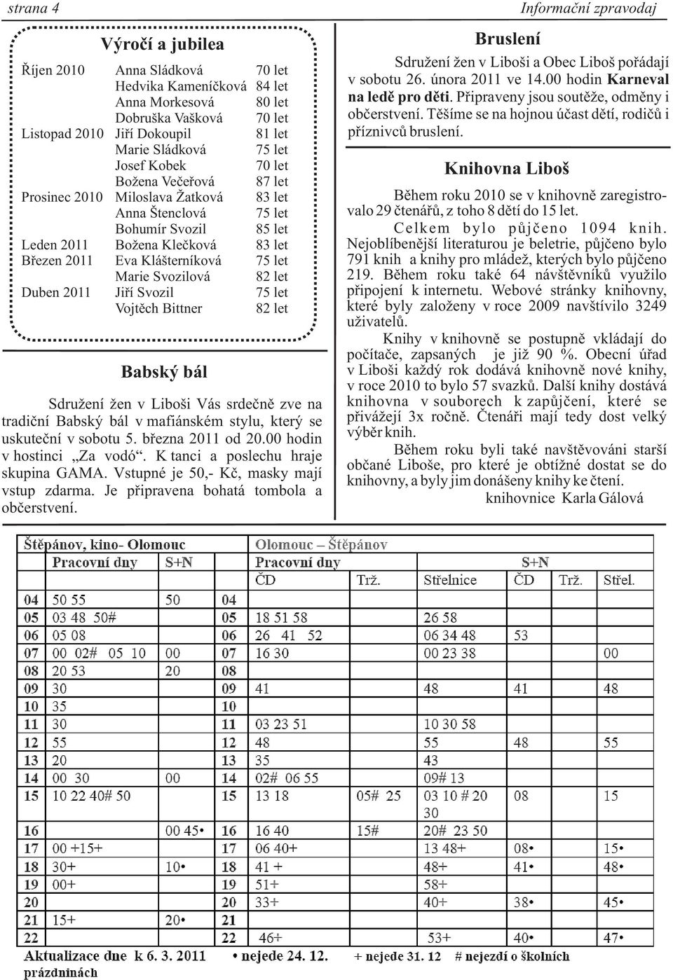 82 let Duben 2011 Jiøí Svozil 75 let Vojtìch Bittner 82 let Babský bál Sdru ení en v Liboši Vás srdeènì zve na tradièní Babský bál v mafiánském stylu, který se uskuteèní v sobotu 5. bøezna 2011 od 20.