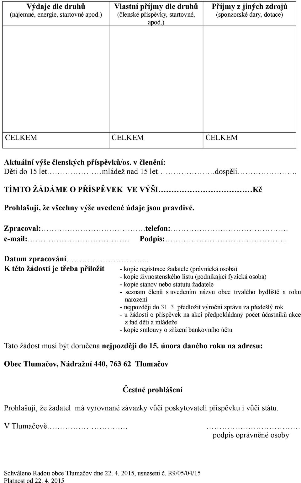 . TÍMTO ŽÁDÁME O PŘÍSPĚVEK VE VÝŠI Kč Prohlašuji, že všechny výše uvedené údaje jsou pravdivé. Zpracoval:.telefon: e-mail: Podpis:.. Datum zpracování.