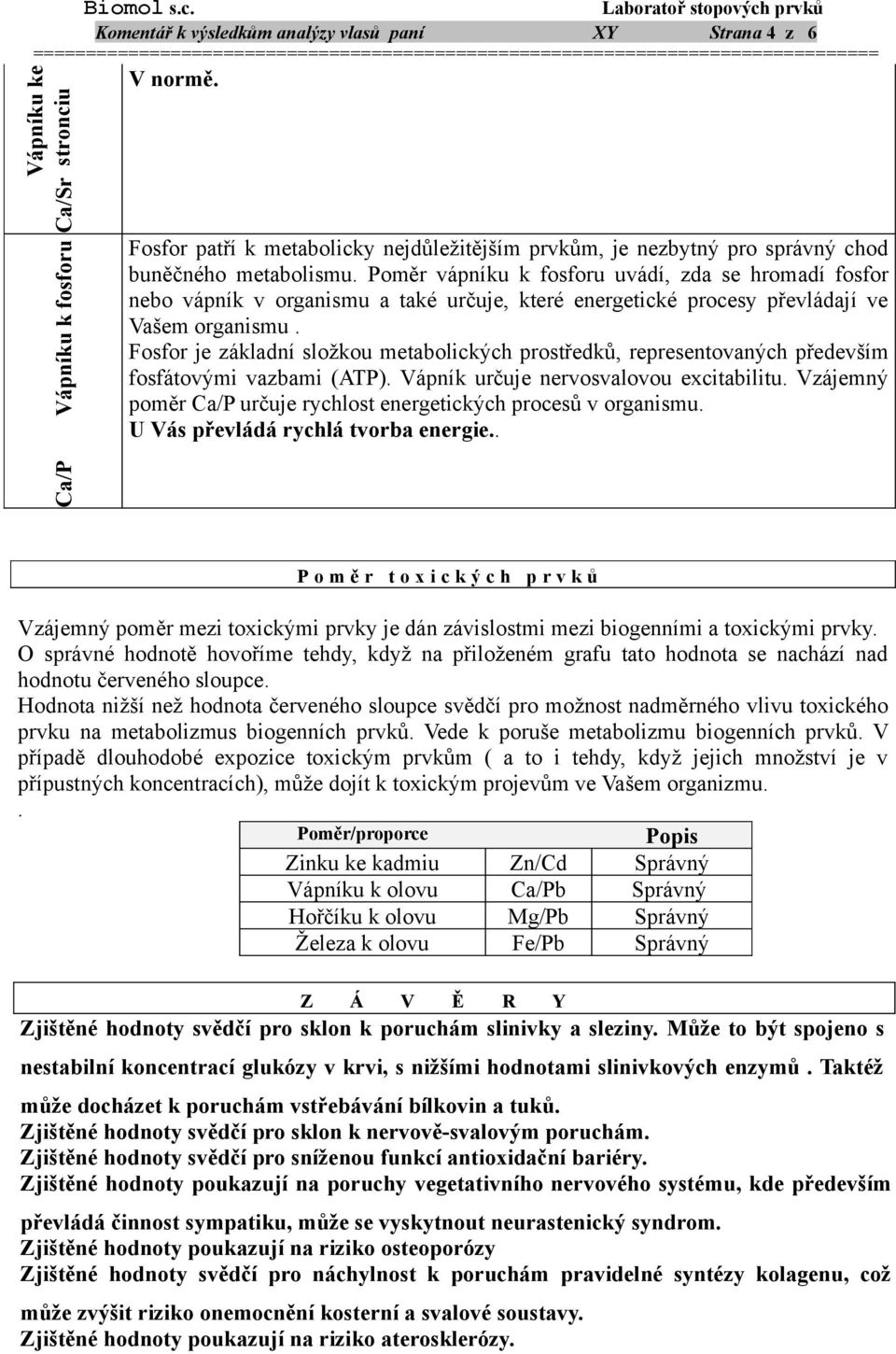 Poměr vápníku k fosforu uvádí, zda se hromadí fosfor nebo vápník v organismu a také určuje, které energetické procesy převládají ve Vašem organismu.