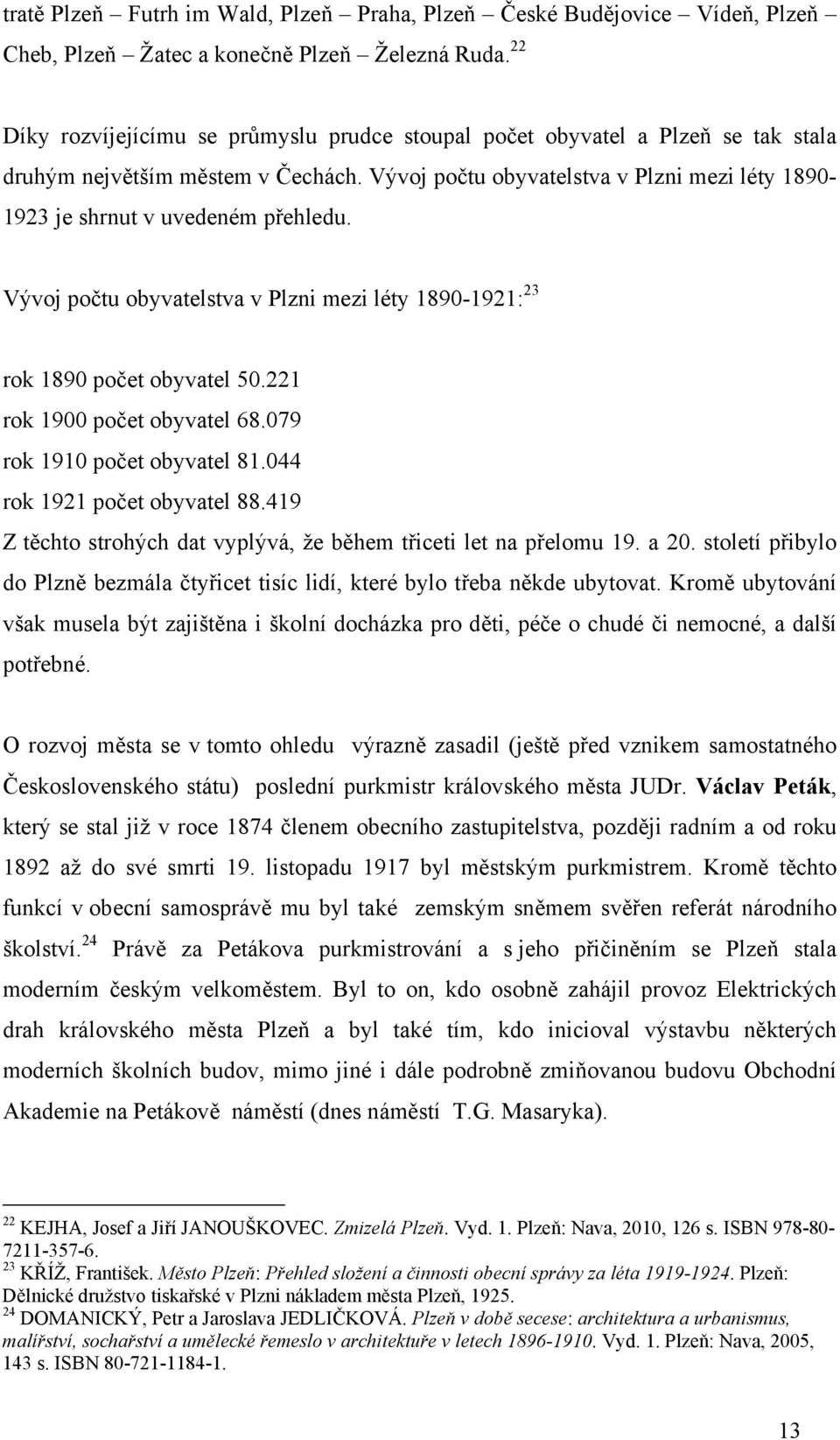 Vývoj počtu obyvatelstva v Plzni mezi léty 1890-1923 je shrnut v uvedeném přehledu. Vývoj počtu obyvatelstva v Plzni mezi léty 1890-1921: 23 rok 1890 počet obyvatel 50.221 rok 1900 počet obyvatel 68.