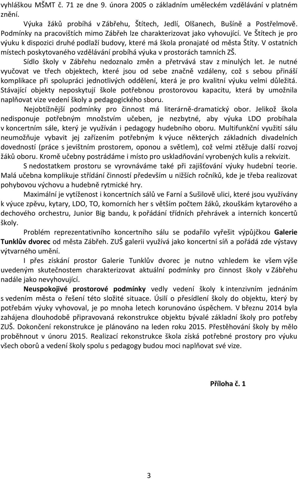 V ostatních místech poskytovaného vzdělávání probíhá výuka v prostorách tamních ZŠ. Sídlo školy v Zábřehu nedoznalo změn a přetrvává stav z minulých let.