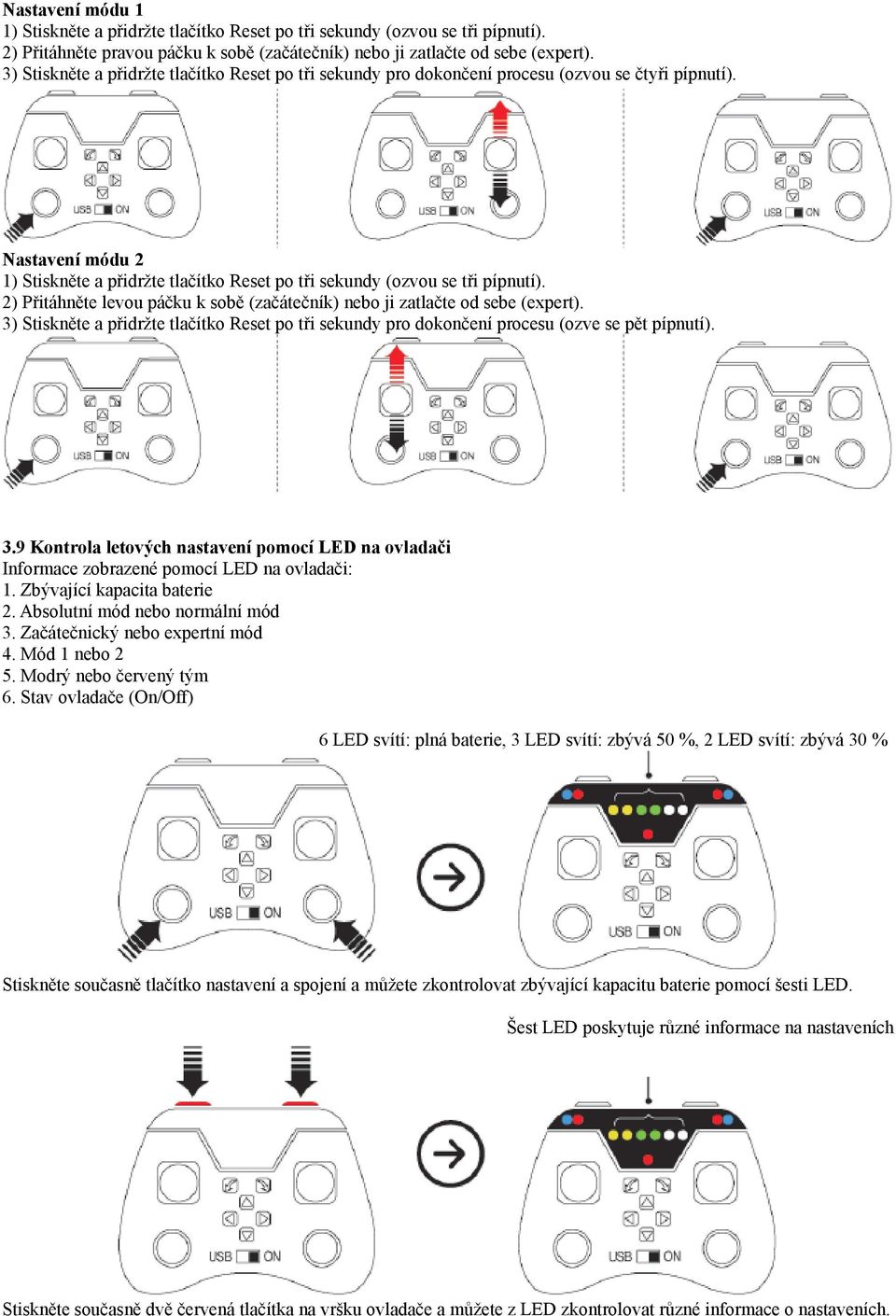 2) Přitáhněte levou páčku k sobě (začátečník) nebo ji zatlačte od sebe (expert). 3) Stiskněte a přidržte tlačítko Reset po tři sekundy pro dokončení procesu (ozve se pět pípnutí). 3.9 Kontrola letových nastavení pomocí LED na ovladači Informace zobrazené pomocí LED na ovladači: 1.