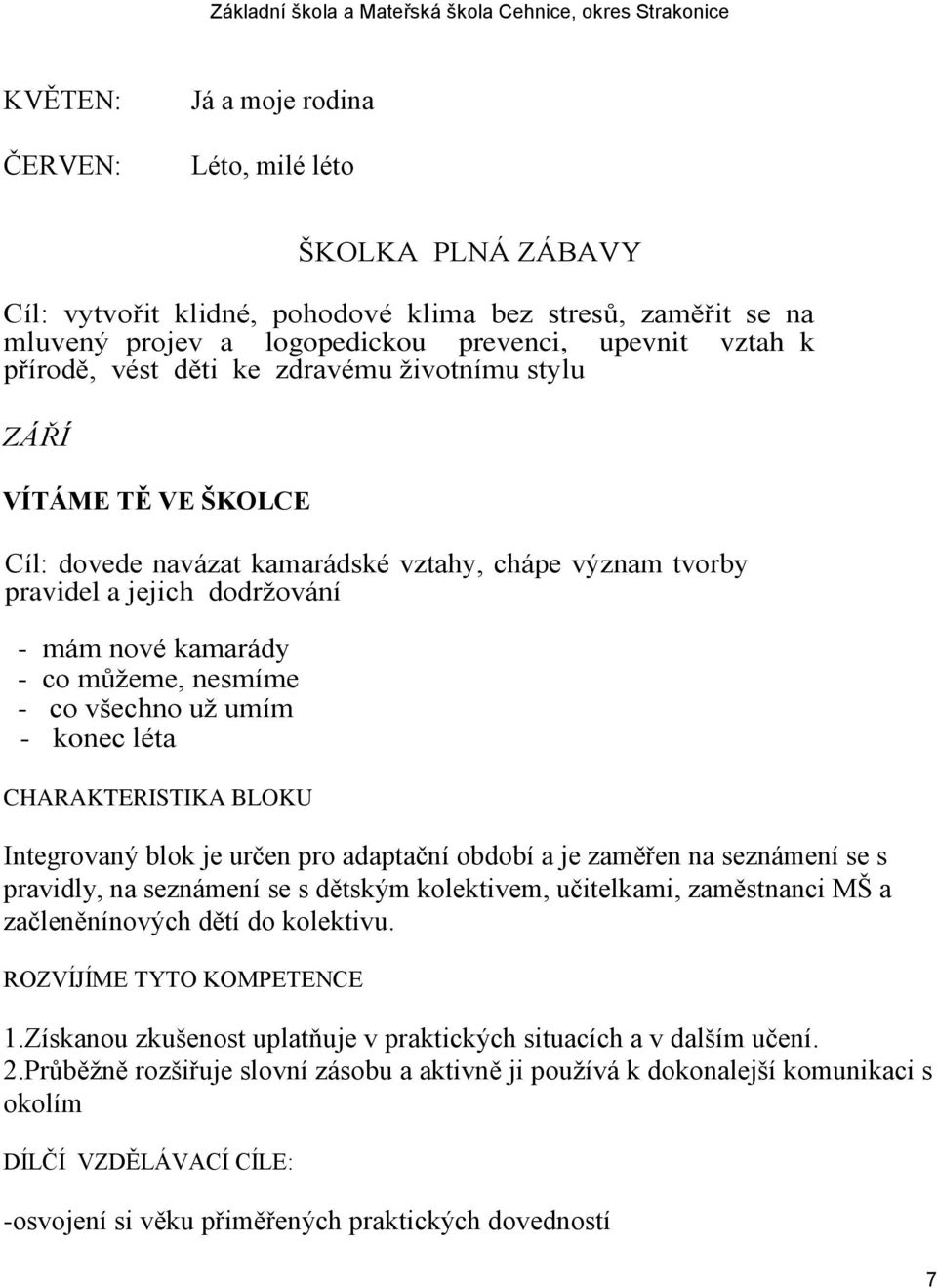 všechno uţ umím - konec léta CHARAKTERISTIKA BLOKU Integrovaný blok je určen pro adaptační období a je zaměřen na seznámení se s pravidly, na seznámení se s dětským kolektivem, učitelkami,