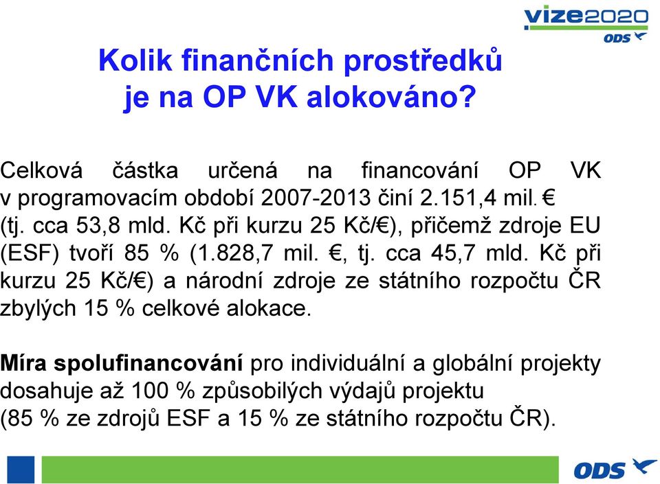 Kč při kurzu 25 Kč/ ), přičemž zdroje EU (ESF) tvoří 85 % (1.828,7 mil., tj. cca 45,7 mld.