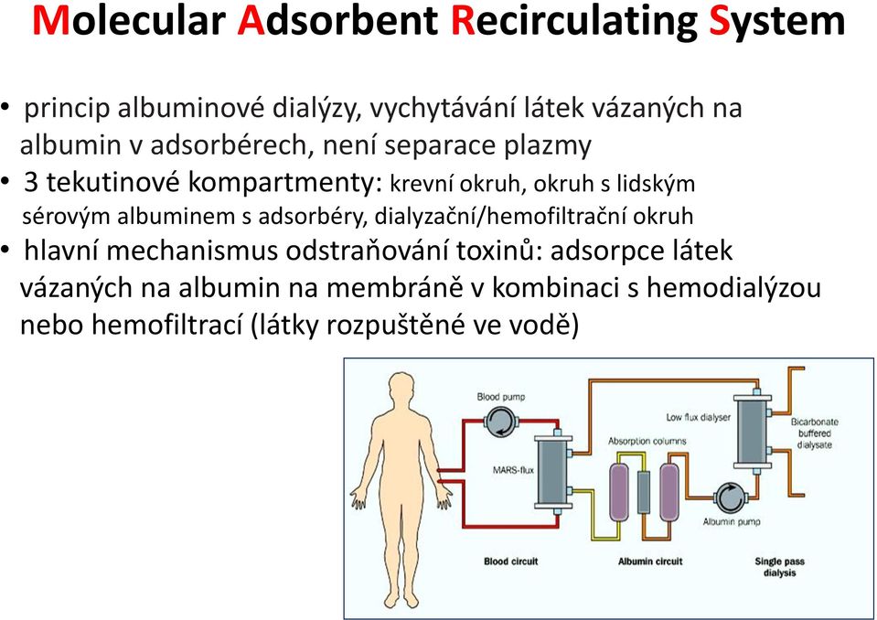 sérovým albuminem s adsorbéry, dialyzační/hemofiltrační okruh hlavní mechanismus odstraňování toxinů: