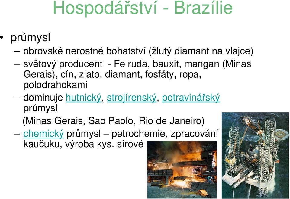 ropa, polodrahokami dominuje hutnický, strojírenský, potravinářský průmysl (Minas Gerais,