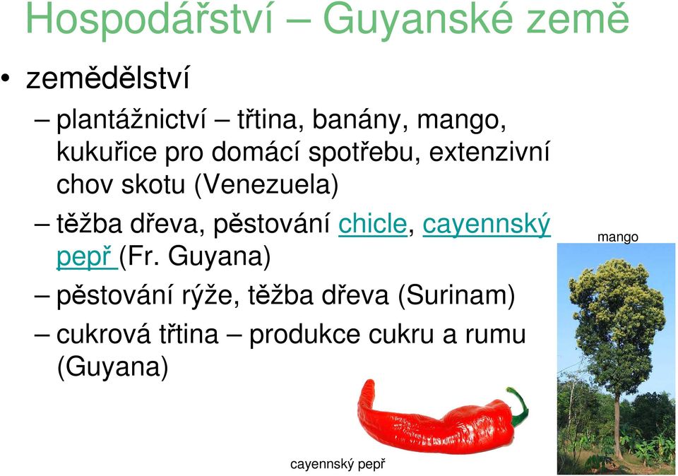 dřeva, pěstování chicle, cayennský pepř (Fr.