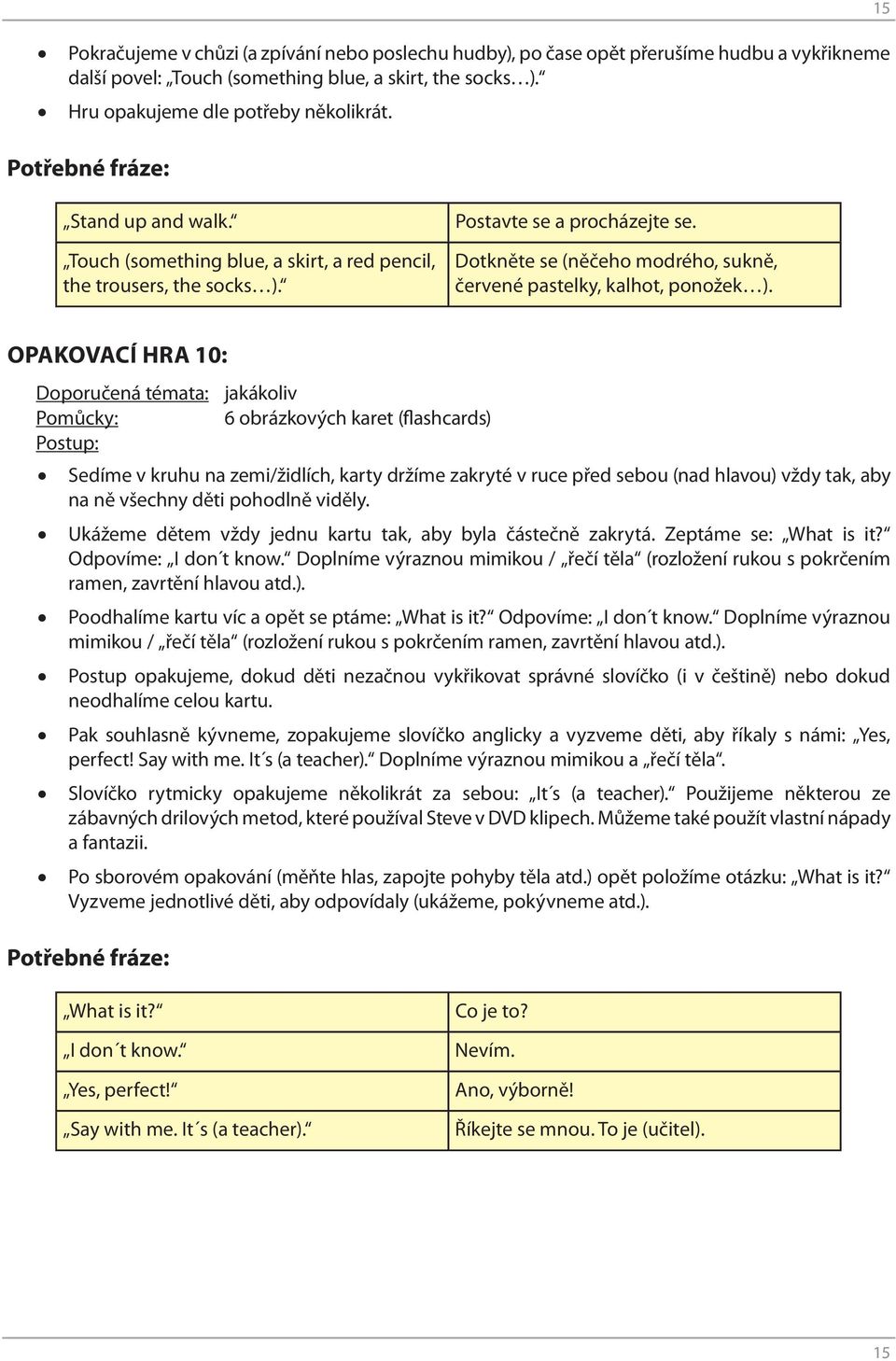 OPAKOVACÍ HRA 10: Doporučená témata: jakákoliv 6 obrázkových karet (flashcards) Sedíme v kruhu na zemi/židlích, karty držíme zakryté v ruce před sebou (nad hlavou) vždy tak, aby na ně všechny děti